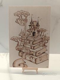 quadro pirografia fantasy castello libri idea unic