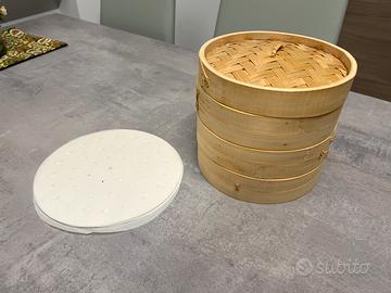 Vaporiera in bambù 3 piani con 50 fogli x cottura