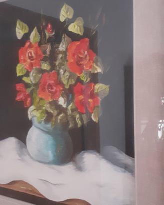 olio su tela d'epoca fiori dipinto con cornice