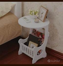Tavolino/Comodino Bianco Rotondo con Portariviste 