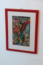QUADRO DIPINTO CON  CORNICE ROSSA