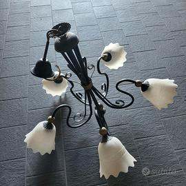 Lampadario rustico ferro battuto 5 luci e vetro - 