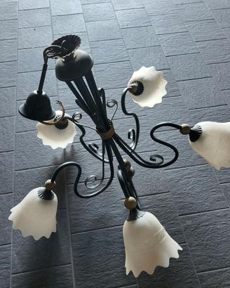 Lampadario rustico ferro battuto 5 luci e vetro - 