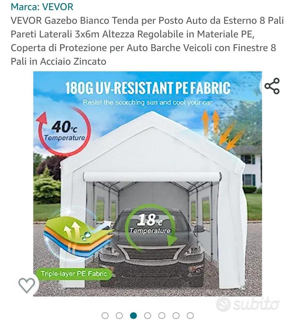 VEVOR VEVOR Gazebo Bianco Tenda per Posto Auto da Esterno 8 Pali Pareti  Laterali 3x6m Altezza Regolabile in Materiale PE, Coperta di Protezione per  Auto Barche Veicoli da Esterno 8 Pali in