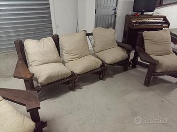Divano + 2 poltrone legno noce 5 posti design '60 
