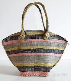 Mini Borsa in paglia con cerniera a righe