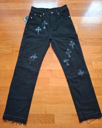 Jeans chrome hearts neri con toppe a croci nere
