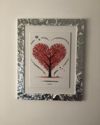 Quadro con albero con cuori rossi e argento