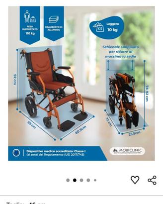 Sedia a rotelle pieghevole seduta 46 cm