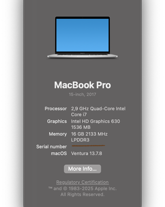 MacBook Pro 15” 2017 Touch Bar i7 2.9 GHz, 16 GB