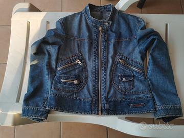 giacca di jeans con cerniere e colletto coreano 