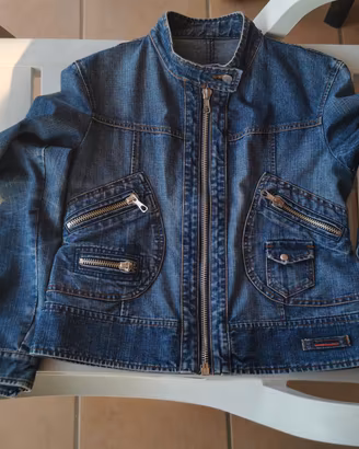 giacca di jeans con cerniere e colletto coreano 