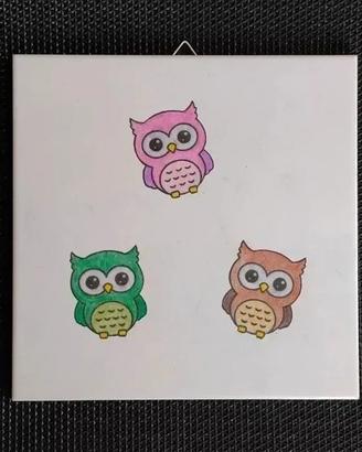 Quadretto Ceramica Civette Colorate Decorazione