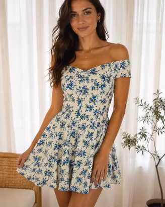 Abito donna corto floreale bianco e blu