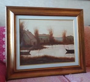 Tre quadri olio su tela raffigurante un paesaggio