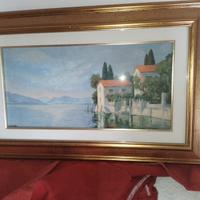 Casa su lago olio su tela