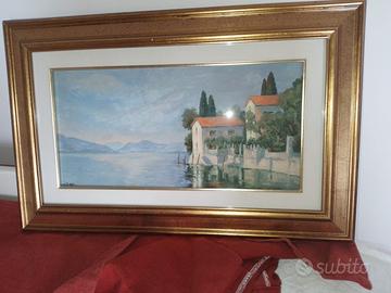 Casa su lago olio su tela