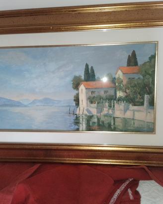 Casa su lago olio su tela