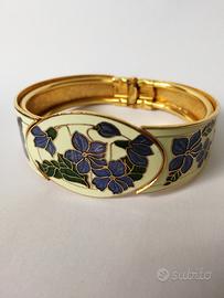Bracciale vintage cerniera fiori blu smalto bianco