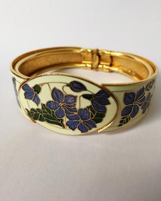 Bracciale vintage cerniera fiori blu smalto bianco