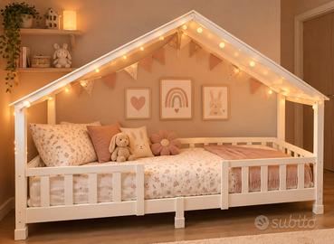 letto montessoriano bianco con tetto