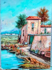 Quadro con Casolare antico dipinto a mano a olio.