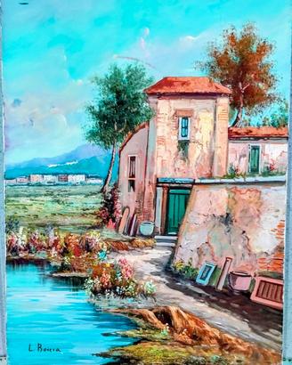 Quadro con Casolare antico dipinto a mano a olio.