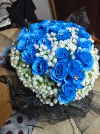 Mazzo fiori rose bouquet bride sposa blu bianchi