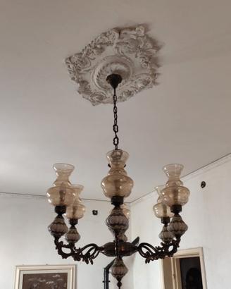 lampadario a 6 braccia in ottone ceramica