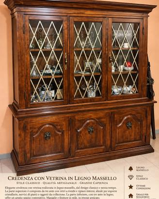 Credenza con Vetrina in Legno Massello – Classico,