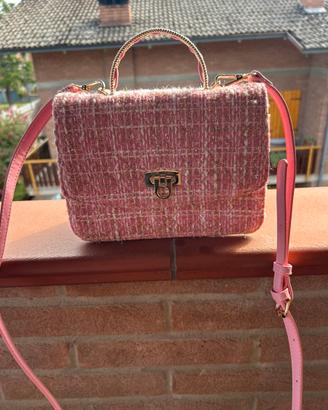 borsa a tracolla in tweed rosa con dettafli dorati