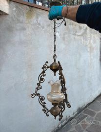 Lampadario Vintage in Ottone e Vetro Satinato