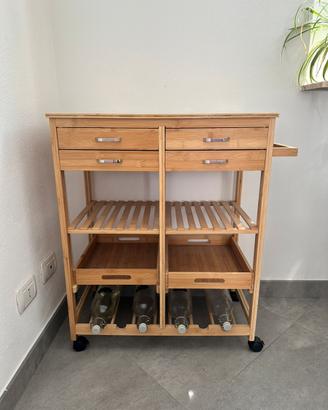 Carrello cucina in bambù con cassetti e ruote