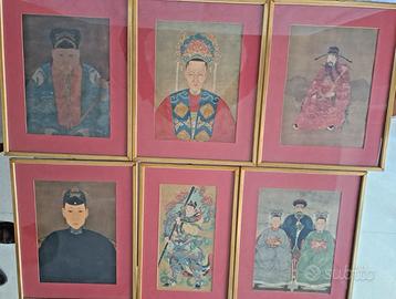 6 stampe antenati cinesi Qing incorniciate