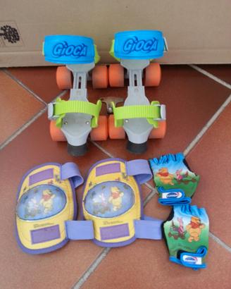 Pattini a rotelle regolabili, ginocchiere e guanti