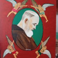 Quadro Naif Padre Pio con angioletti. 50x40.