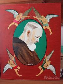 Quadro Naif Padre Pio con angioletti. 50x40.