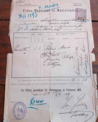Certificato Matrimonio e Battesimo 1909