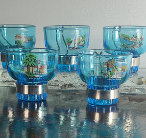 Set 5 Bicchierini Vintage Vetro Azzurro Lago Garda