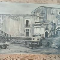 Dipinto bianco e nero via antica di paese