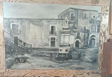 Dipinto bianco e nero via antica di paese