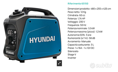 Generatore silenziato inverter Hyundai 65150