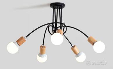 Lampadario plafoniera metallo nero e legno