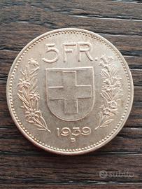 5 franchi argento Svizzera 1939