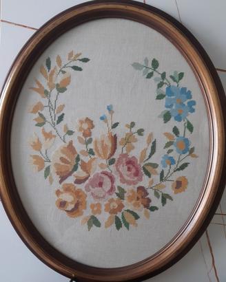 Quadro Ricamo Mezzo Punto Anni '60 - Fiori -