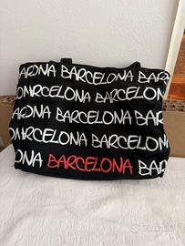 Shopper Barcelona nera grande in tela con tasche 