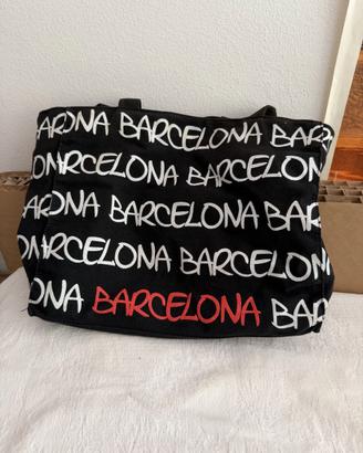 Shopper Barcelona nera grande in tela con tasche 