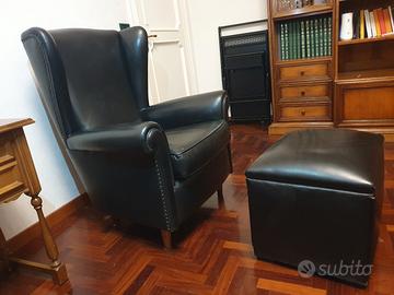 Poltrona classica Bergère Nera ecopelle con Pouf 