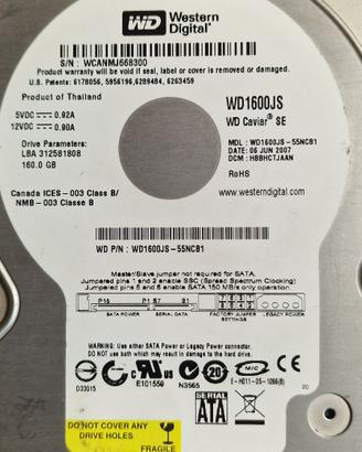 Hard Disk Western Digital 160 GB SATA rotto