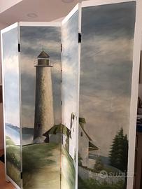 Paravento dipinto a mano, paesaggio di mare.